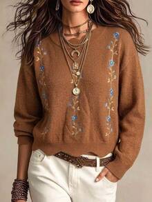 SHEIN 女款花卉圖案休閒浪漫復古鄉村風波希米亞日常長袖針織衫，棕色花卉秋季感恩節日常旅行早午餐穿搭 - 咖啡棕 - 查看 9