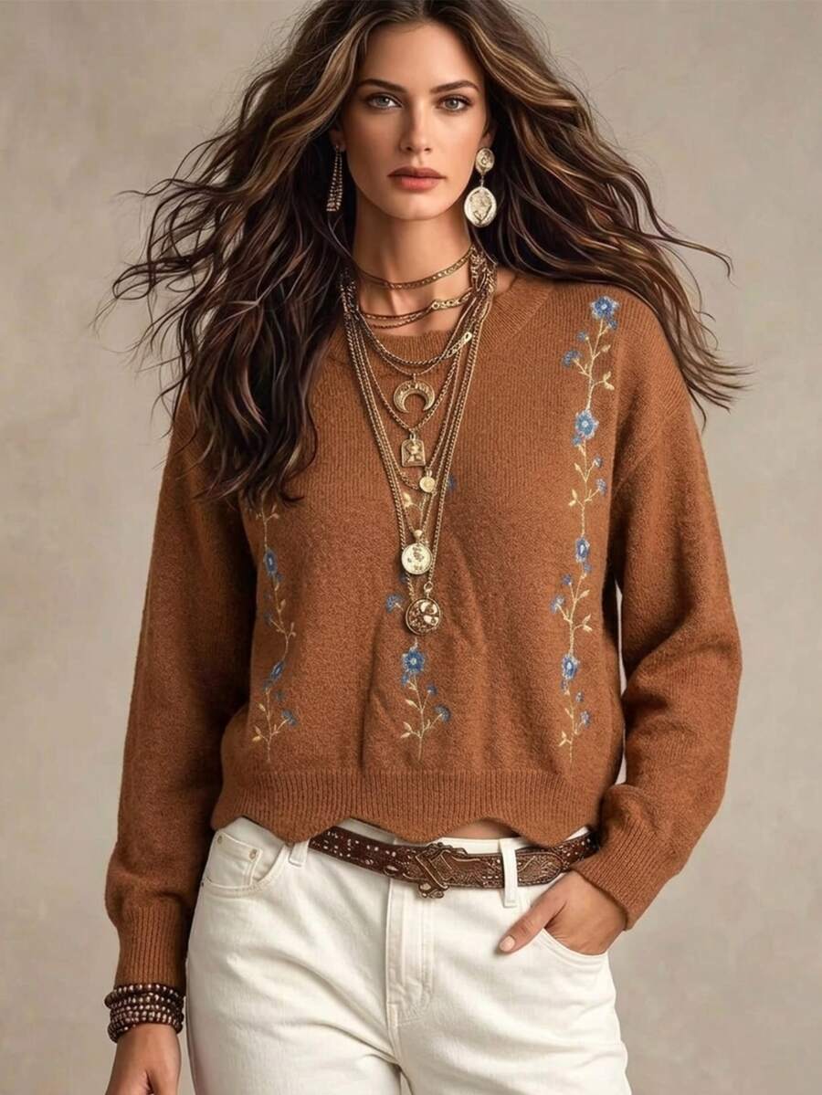 SHEIN 女款花卉圖案休閒浪漫復古鄉村風波希米亞日常長袖針織衫，棕色花卉秋季感恩節日常旅行早午餐穿搭