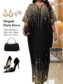 Fleurora Spring Summer Autumn Winter Elegant Party Dinner Cocktail Commuting Office Black And Gold Woven Notched Ball Gown Short Sleeve Kaftan Plus Size Dress - Multicolor - View 3