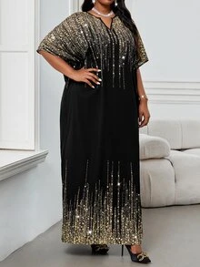 Fleurora Spring Summer Autumn Winter Elegant Party Dinner Cocktail Commuting Office Black And Gold Woven Notched Ball Gown Short Sleeve Kaftan Plus Size Dress - Multicolor - View 4