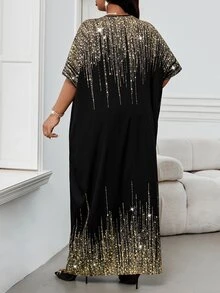 Fleurora Spring Summer Autumn Winter Elegant Party Dinner Cocktail Commuting Office Black And Gold Woven Notched Ball Gown Short Sleeve Kaftan Plus Size Dress - Multicolor - View 2