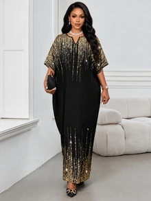 Fleurora Spring Summer Autumn Winter Elegant Party Dinner Cocktail Commuting Office Black And Gold Woven Notched Ball Gown Short Sleeve Kaftan Plus Size Dress - Multicolor - View 1
