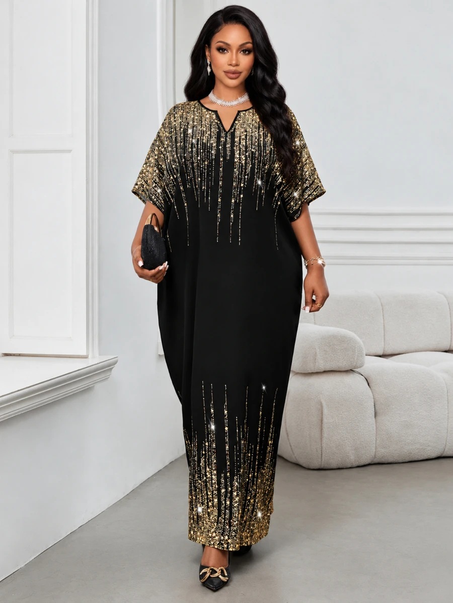 Fleurora Spring Summer Autumn Winter Elegant Party Dinner Cocktail Commuting Office Black And Gold Woven Notched Ball Gown Short Sleeve Kaftan Plus Size Dress - Multicolor - View 1