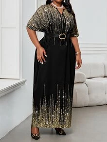 Fleurora Spring Summer Autumn Winter Elegant Party Dinner Cocktail Commuting Office Black And Gold Woven Notched Ball Gown Short Sleeve Kaftan Plus Size Dress - Multicolor - View 5