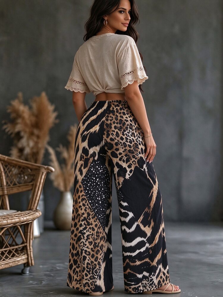 Linhara CURVE Women's High-Waisted Fashionable Printed Casual Pants, Drawstring Wide-Leg Pants With Pockets - Multicolor - View 2