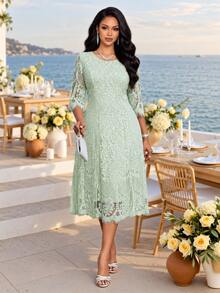 Fleurora Plus Size Spring Summer Autumn Winter Elegant Casual Formal Mother Of The Bride Party Evening Wedding Guest Light Green Lace Dress Little - Mint Green - View 1