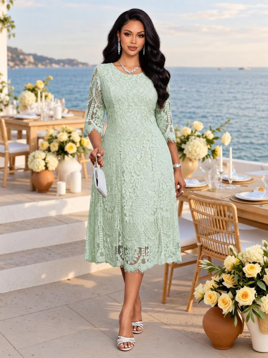 Fleurora Plus Size Spring Summer Autumn Winter Elegant Casual Formal Mother Of The Bride Party Evening Wedding Guest Light Green Lace Dress Little - Mint Green - View 1