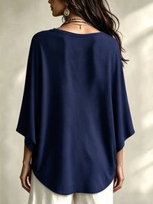 Linhara CURVE Women's V-Neck Batwing Sleeve Minimalist Casual Comfortable Loose Plus Size Blouse - Multicolor - View 2