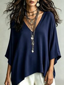Linhara CURVE Women's V-Neck Batwing Sleeve Minimalist Casual Comfortable Loose Plus Size Blouse - Multicolor - View 5