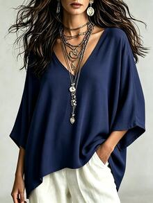 Linhara CURVE Women's V-Neck Batwing Sleeve Minimalist Casual Comfortable Loose Plus Size Blouse - Multicolor - View 6