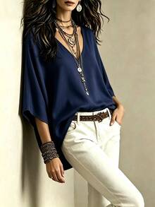 Linhara CURVE Women's V-Neck Batwing Sleeve Minimalist Casual Comfortable Loose Plus Size Blouse - Multicolor - View 7