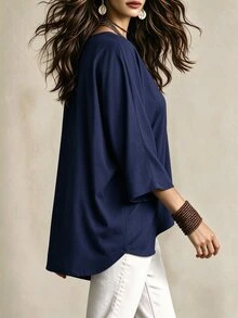Linhara CURVE Women's V-Neck Batwing Sleeve Minimalist Casual Comfortable Loose Plus Size Blouse - Multicolor - View 3