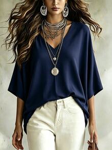Linhara CURVE Women's V-Neck Batwing Sleeve Minimalist Casual Comfortable Loose Plus Size Blouse - Multicolor - View 8