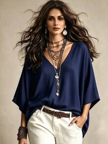 Linhara CURVE Women's V-Neck Batwing Sleeve Minimalist Casual Comfortable Loose Plus Size Blouse - Multicolor - View 1