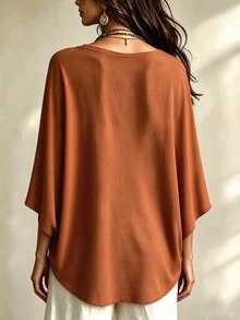 Linhara CURVE Women's V-Neck Batwing Sleeve Minimalist Casual Comfortable Loose Plus Size Blouse - Multicolor - View 2
