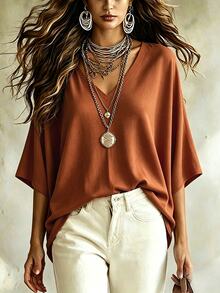 Linhara CURVE Women's V-Neck Batwing Sleeve Minimalist Casual Comfortable Loose Plus Size Blouse - Multicolor - View 6