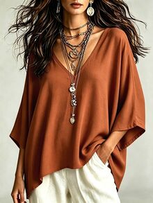 Linhara CURVE Women's V-Neck Batwing Sleeve Minimalist Casual Comfortable Loose Plus Size Blouse - Multicolor - View 8