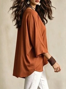 Linhara CURVE Women's V-Neck Batwing Sleeve Minimalist Casual Comfortable Loose Plus Size Blouse - Multicolor - View 3