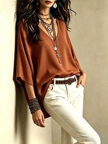 Linhara CURVE Women's V-Neck Batwing Sleeve Minimalist Casual Comfortable Loose Plus Size Blouse - Multicolor - View 5