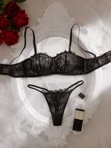 Crystal Vow 2件組女性性感蕾絲內衣套裝 - 黑色 - 查看 2