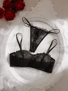 Crystal Vow 2件組女性性感蕾絲內衣套裝 - 黑色 - 查看 3