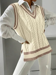 SHEIN LUNE 女款拼色條紋飾邊V領麻花編織學院風時尚針織背心 - 彩色 - 查看 6