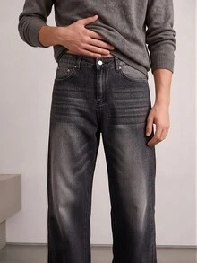 QuarKem Men's Vintage Horizontal Whiskered Loose Fit Jeans, Stone Washed Distressed Wide Leg Denim Pants - Black - View 5