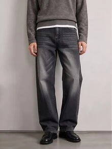 QuarKem Men's Vintage Horizontal Whiskered Loose Fit Jeans, Stone Washed Distressed Wide Leg Denim Pants - Black - View 3