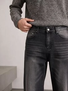 QuarKem Men's Vintage Horizontal Whiskered Loose Fit Jeans, Stone Washed Distressed Wide Leg Denim Pants - Black - View 6