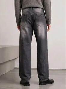 QuarKem Men's Vintage Horizontal Whiskered Loose Fit Jeans, Stone Washed Distressed Wide Leg Denim Pants - Black - View 2