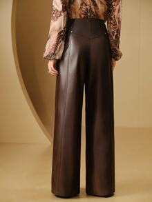 Anewsta Modern Urban Women's Dark Brown Faux Leather High-Waisted Rivet Decor Wide Leg Long Pants Office Party Wear Fall Elegant - Coffee Brown - View 7