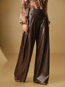 Anewsta Modern Urban Women's Dark Brown Faux Leather High-Waisted Rivet Decor Wide Leg Long Pants Office Party Wear Fall Elegant - Coffee Brown - View 2