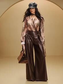 Anewsta Modern Urban Women's Dark Brown Faux Leather High-Waisted Rivet Decor Wide Leg Long Pants Office Party Wear Fall Elegant - Coffee Brown - View 3