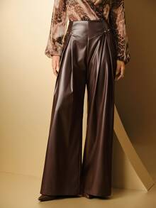 Anewsta Modern Urban Women's Dark Brown Faux Leather High-Waisted Rivet Decor Wide Leg Long Pants Office Party Wear Fall Elegant - Coffee Brown - View 4