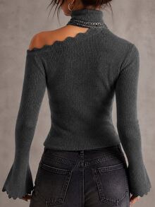 SHEIN Women's Sexy Dark Sweet Cool Style Deep Gray Semi-High Neck Ribbed Knit Asymmetric Cold Shoulder Ruffle Bell Sleeve Fitted Pullover Sweater, Gray Sweater, Outing Top, Fashionable, Y2K Style, Sexy Top, Women's Autumn/Winter Sweater - Dark Grey - View 3