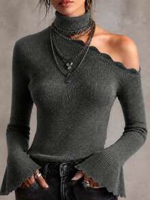 SHEIN Women's Sexy Dark Sweet Cool Style Deep Gray Semi-High Neck Ribbed Knit Asymmetric Cold Shoulder Ruffle Bell Sleeve Fitted Pullover Sweater, Gray Sweater, Outing Top, Fashionable, Y2K Style, Sexy Top, Women's Autumn/Winter Sweater - Dark Grey - View 5