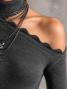 SHEIN Women's Sexy Dark Sweet Cool Style Deep Gray Semi-High Neck Ribbed Knit Asymmetric Cold Shoulder Ruffle Bell Sleeve Fitted Pullover Sweater, Gray Sweater, Outing Top, Fashionable, Y2K Style, Sexy Top, Women's Autumn/Winter Sweater - Dark Grey - View 7