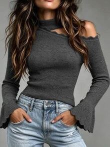 SHEIN Women's Sexy Dark Sweet Cool Style Deep Gray Semi-High Neck Ribbed Knit Asymmetric Cold Shoulder Ruffle Bell Sleeve Fitted Pullover Sweater, Gray Sweater, Outing Top, Fashionable, Y2K Style, Sexy Top, Women's Autumn/Winter Sweater - Dark Grey - View 2