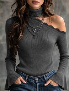 SHEIN Women's Sexy Dark Sweet Cool Style Deep Gray Semi-High Neck Ribbed Knit Asymmetric Cold Shoulder Ruffle Bell Sleeve Fitted Pullover Sweater, Gray Sweater, Outing Top, Fashionable, Y2K Style, Sexy Top, Women's Autumn/Winter Sweater - Dark Grey - View 4