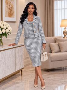 SHEIN Lady فستان نسائي بنقشة مربعات وسترة كارديجان بأكمام طويلة، طقم من قطعتين - الأسود - مشاهدة 4