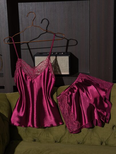 SilkySpell 2 Pieces Set Women's Sexy Silk Pajama Set, Lace Trim Camisole Nightgown, Elegant Satin Shorts