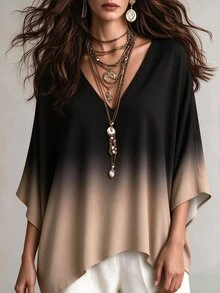 Linhara CURVE Women's Minimalist Casual Comfortable Loose Plus Size Batwing Sleeve Blouse Fall - Multicolor - View 4