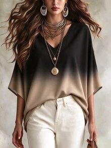 Linhara CURVE Women's Minimalist Casual Comfortable Loose Plus Size Batwing Sleeve Blouse Fall - Multicolor - View 7