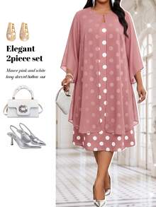 Fleurora Plus Size Women Polka Dot V-Neck Dress And Cardigan Casual Elegant Daily 2 Pieces Set Wedding Formal Christening Guest Dusty Pink Summer - Pink - View 7