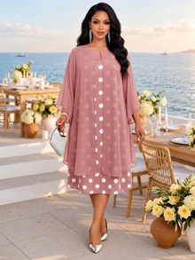 Fleurora Plus Size Women Polka Dot V-Neck Dress And Cardigan Casual Elegant Daily 2 Pieces Set Wedding Formal Christening Guest Dusty Pink Summer - Pink - View 4