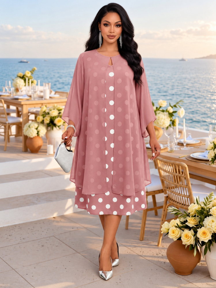 Fleurora Plus Size Women Polka Dot V-Neck Dress And Cardigan Casual Elegant Daily 2 Pieces Set Wedding Formal Christening Guest Dusty Pink Summer - Pink - View 1