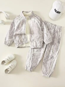 SHEIN 2pcs/Set Kids Young Boy Autumn/Winter Casual Webbing Long Sleeve Open Front Camouflage Jacket & Sweatpants Two Pieces Set, Sports Outfit, Boys' Jacket Set, Hoodie Set - Multicolor - View 8