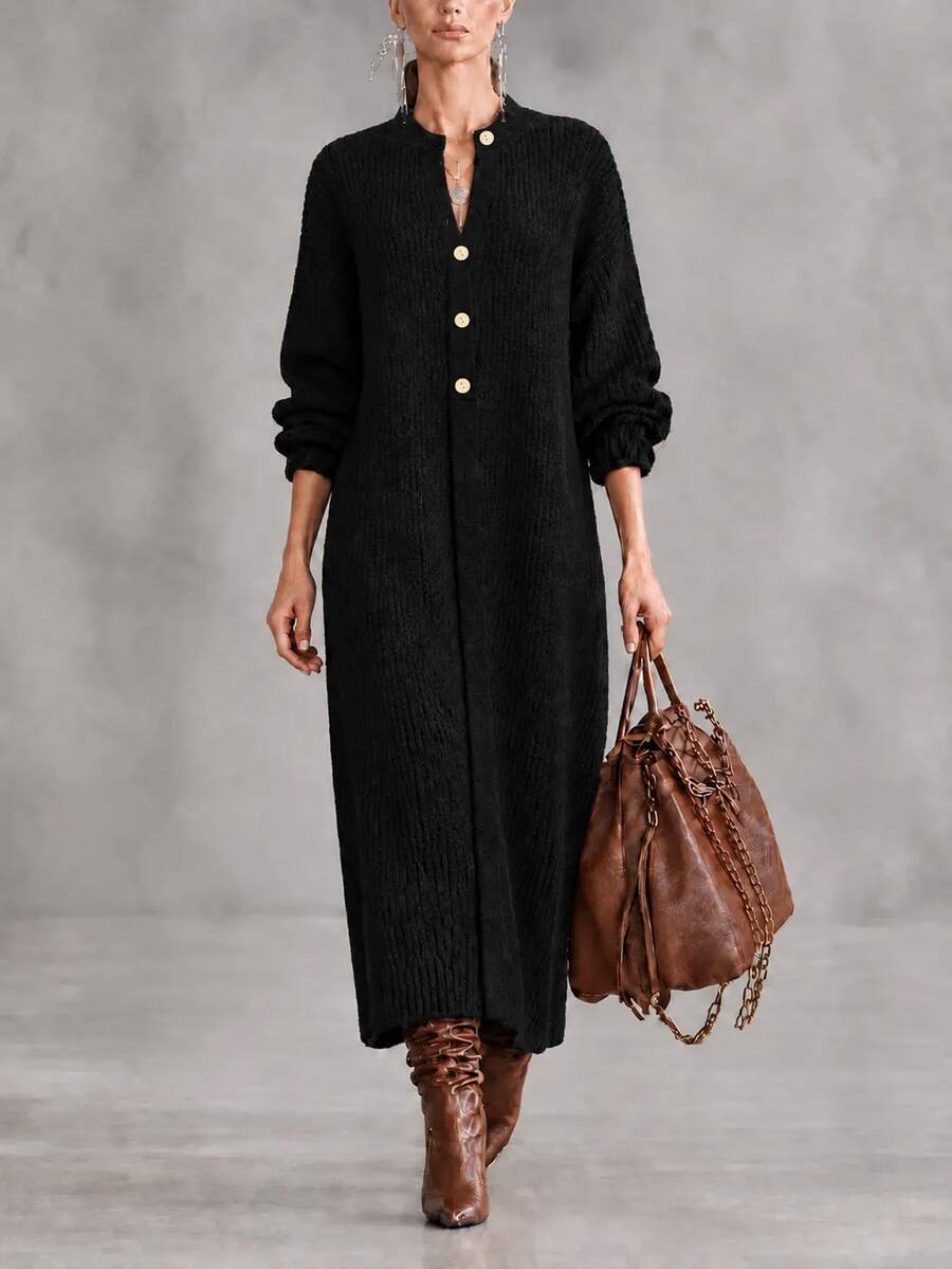 LUMIGAL Women's Casual Boho Solid Color Knit Dress, Autumn/Winter Vacation Black