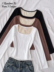 SHEIN 少女秋冬保暖內裡加厚簡約百搭經典長袖上衣，可作為內搭穿著 - 黑色 - 查看 2