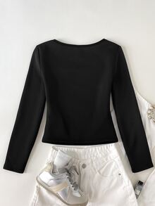 SHEIN 少女秋冬保暖內裡加厚簡約百搭經典長袖上衣，可作為內搭穿著 - 黑色 - 查看 4